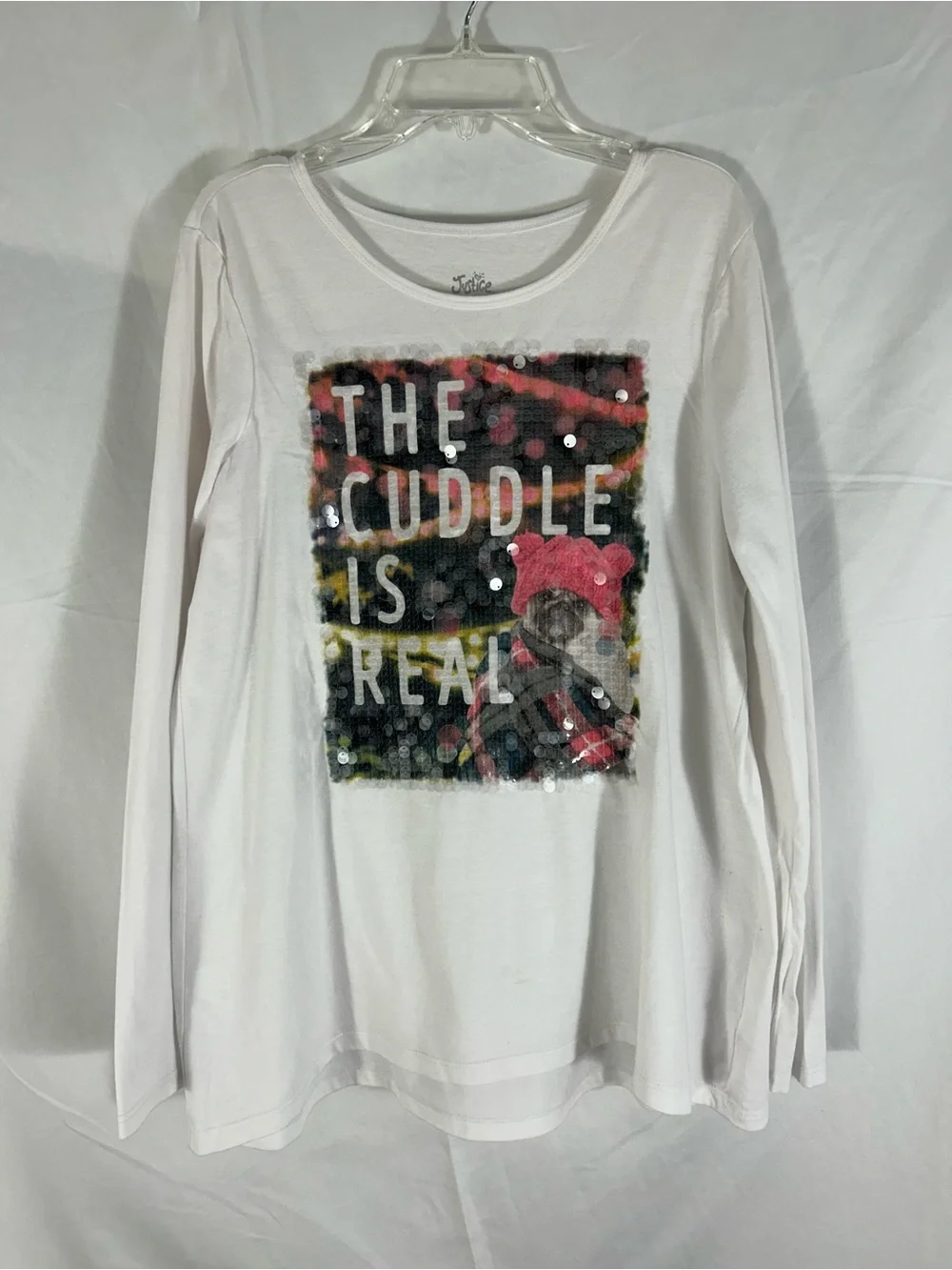 Justice White Long-Sleeve Sequin Graphic Tee with Pink Accent